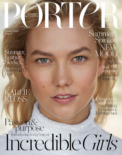 Magazine cover featuring Karlie Kloss, wearing a white sequined top. The cover has the title 'Porter' and other coverlines.