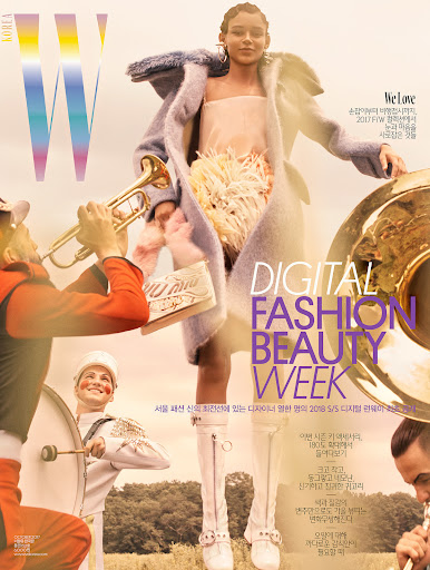 Fashion editorial cover featuring a model in a coat, with musicians and instruments, for 'W Korea' magazine, capturing beauty and style.