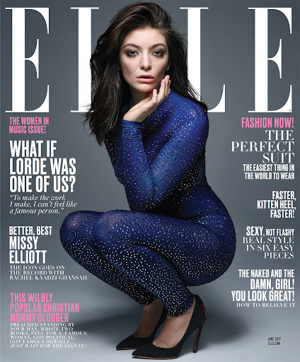 Elle magazine cover featuring Lorde in a blue embellished catsuit, squatting in high heels, showcasing a blend of fashion and celebrity culture.