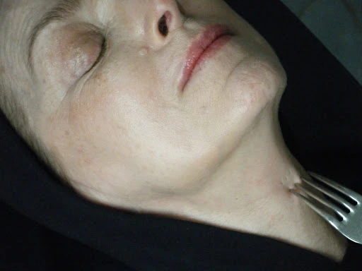 Close-up of a woman's face and neck being touched by a fork. The woman has fair skin, light pink lips, and one eye closed.