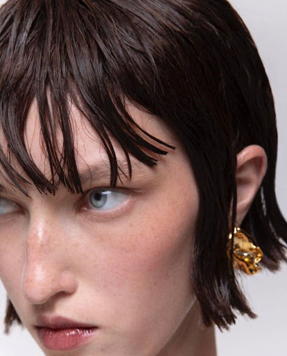 Close-up shot of an adult woman with dark, wet hair, light eyes, wearing a gold earring, beauty shot, neutral expression, plain background.