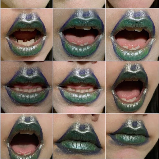 Close-up collage of an adult female face showcasing artistic make-up design with green and silver lip color.