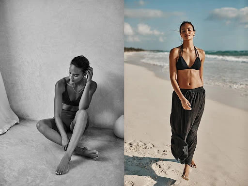 Two panel diptych featuring a woman in a black bikini on a sandy beach and sitting indoors against a textured wall.