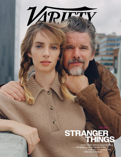 Variety magazine cover featuring a portrait of Maya Hawke and Ethan Hawke posing outdoors with a cityscape in the background.