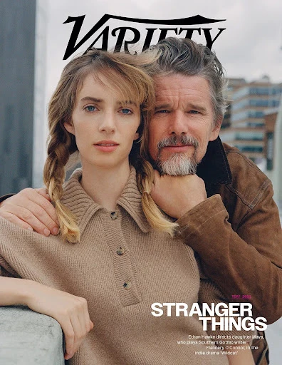 Variety magazine cover featuring a portrait of Maya Hawke and Ethan Hawke posing outdoors with a cityscape in the background.