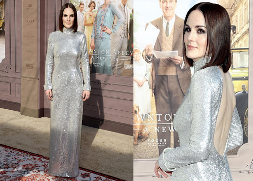 Michelle Dockery at the 'Downton Abbey: A New Era' film premiere, wearing a silver sequin gown in front of a movie poster.