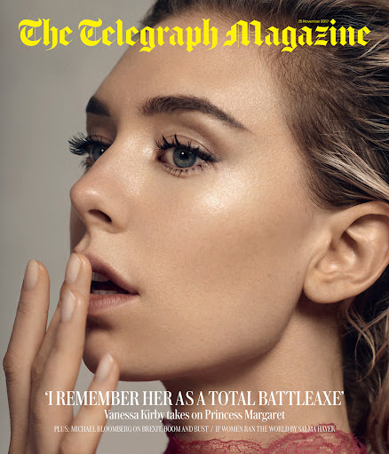 Close-up of a woman with fair skin and blonde hair on The Telegraph Magazine cover, with text overlays and a neutral background.