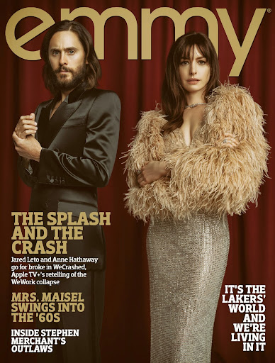 Magazine cover featuring Jared Leto and Anne Hathaway in formal wear, set against a red curtain backdrop with 'Emmy' logo at the top.