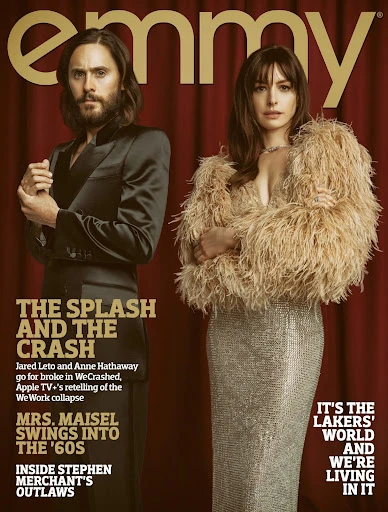 Magazine cover featuring Jared Leto and Anne Hathaway in formal wear, set against a red curtain backdrop with 'Emmy' logo at the top.