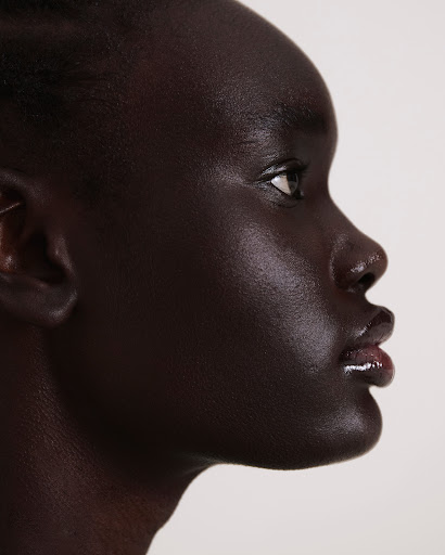 Close-up profile portrait of a dark-skinned adult female with glossy skin in a softly lit, neutral background, showcasing beauty aesthetic.