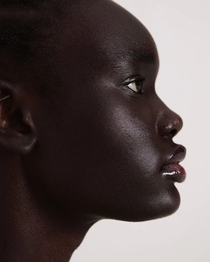 Close-up profile portrait of a dark-skinned adult female with glossy skin in a softly lit, neutral background, showcasing beauty aesthetic.