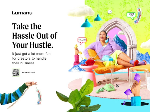 Woman sits in a modern chair speaking on a rotary phone with additional rotary phones, potted plant, speech bubbles, and a mountain painting.