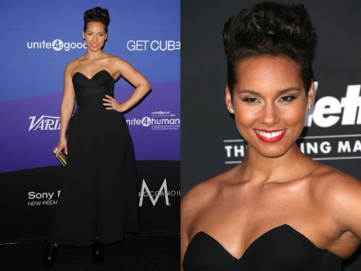 Alicia Keys poses on a purple carpet, wearing a formal black dress and holding a gold clutch. Close-up shows off her red lipstick.