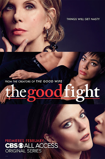 TV series promo poster for The Good Fight featuring close-up portraits of three adult women in a vertical triptych layout on dark background.