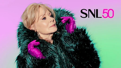 Blonde woman in a fur coat and pink gloves poses against a gradient pink and green background. SNL50 text visible on the right.