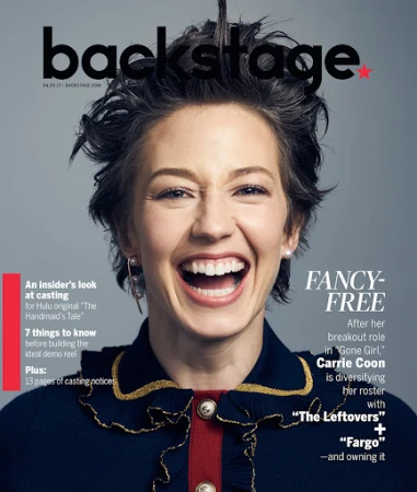 Magazine cover featuring Carrie Coon smiling, with the Backstage logo visible. She wears a dark top with red and gold trim. 