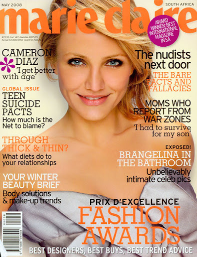 Magazine cover featuring Cameron Diaz with blonde hair and a silver dress. The cover promotes the Fashion Awards and beauty trends.