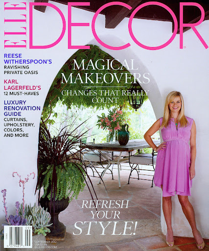 Elle Decor magazine cover featuring Reese Witherspoon, archway, and outdoor patio with plants and furniture in bright, natural lighting.