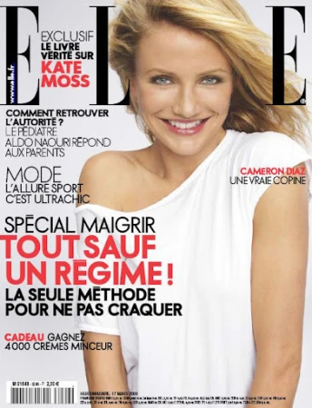 Blond woman, Cameron Diaz, smiles brightly on the cover of Elle magazine, which has headlines in French about beauty, fashion and weight loss.
