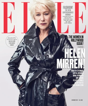 Elle magazine cover featuring Helen Mirren in a black patent leather trench coat, close-up shot, with magazine text on a white background.