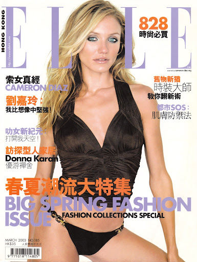 Magazine cover featuring Cameron Diaz wearing a black bikini, with the 'ELLE HONG KONG' logo prominently displayed at the top.