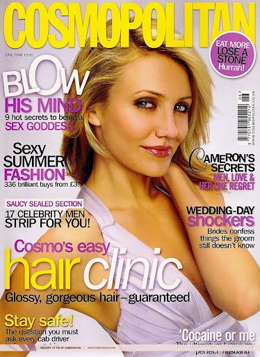 Cosmopolitan magazine cover featuring a blonde woman with fair skin, soft lighting, and headline text including 'Blow His Mind.'