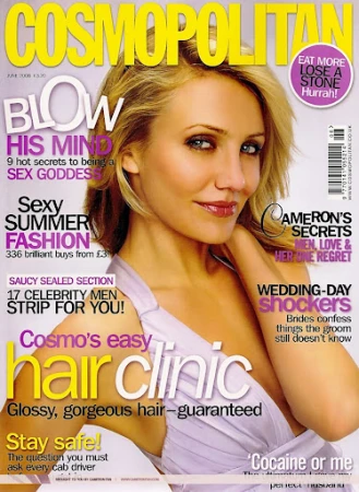 Cosmopolitan magazine cover featuring a blonde woman with fair skin, soft lighting, and headline text including 'Blow His Mind.'