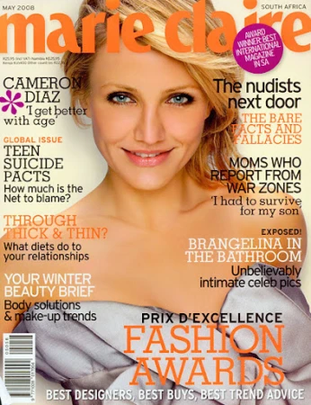 Cameron Diaz on the cover of Marie Claire magazine, wearing an off-shoulder grey dress with soft makeup by Robin Fredriksz.