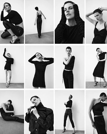 Black-and-white fashion shot showcasing a model with short hair in various poses and outfits against a neutral background, creating a minimalist aesthetic.