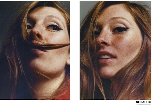 Diptych portrait of a woman with red hair and winged eyeliner, shot from low angles against a plain studio background.