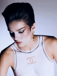 Model with short dark hair wearing a white sleeveless top with metallic trim and gold drop earrings