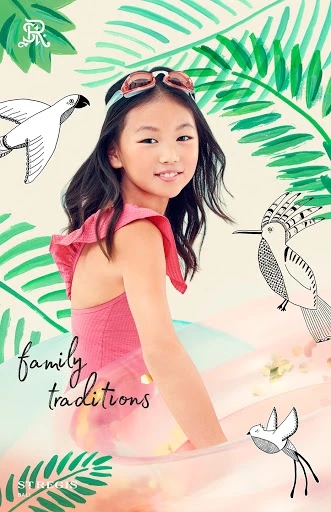 Young girl in a pink ruffled top and goggles poses with sketched tropical leaves and birds on a light peach background. 