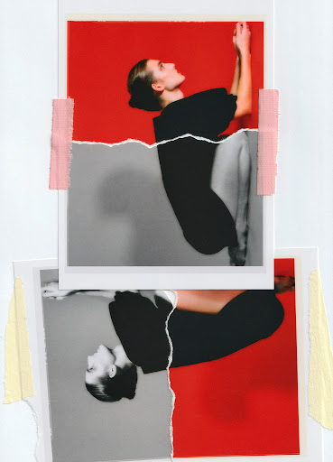 Collage of a woman in a black dress; the top half is color, the bottom is black and white, with red and gray color blocks.