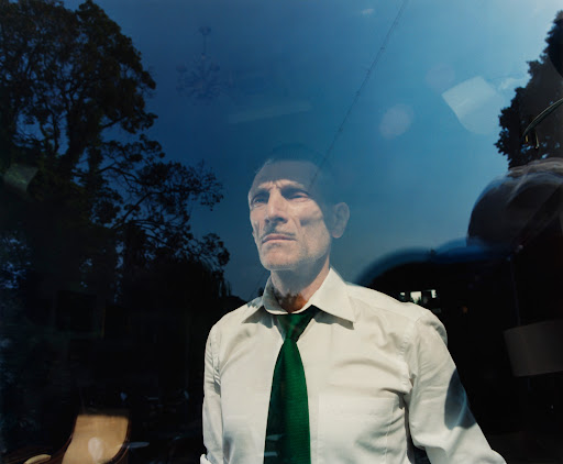 Adult male in a white shirt and green tie stands indoors, reflected in glass, with a view of trees, sky, and a chandelier behind him.