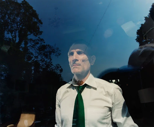 Adult male in a white shirt and green tie stands indoors, reflected in glass, with a view of trees, sky, and a chandelier behind him.