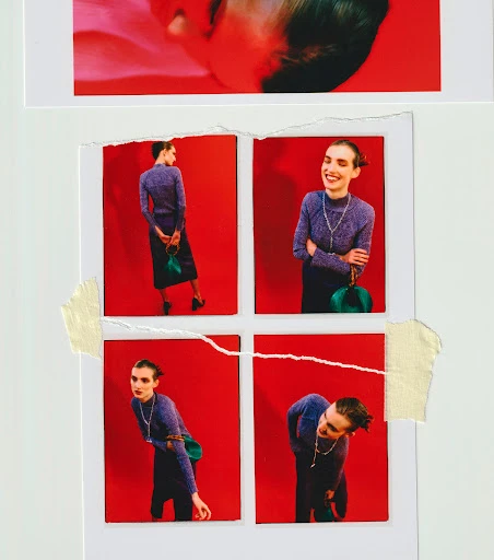 Fashion editorial featuring a woman in a purple sweater, black skirt, and green purse, presented as polaroid photos taped to a white surface.