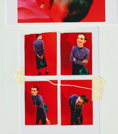 Fashion editorial featuring a woman in a purple sweater, black skirt, and green purse, presented as polaroid photos taped to a white surface.