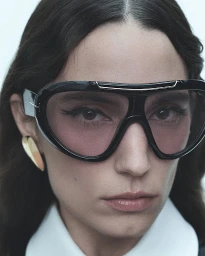Close-up portrait of a woman wearing oversized black sunglasses and a white collared shirt with makeup by Victoria Reuter.
