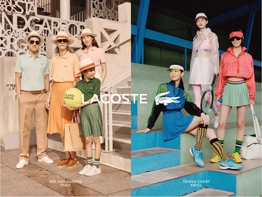 Lacoste ad featuring a group of people in tennis outfits, with Roland-Garros and Tennis Court Seoul in the background. 