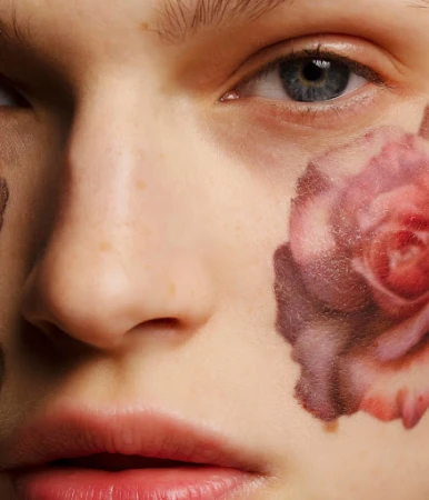 Close-up beauty portrait of a person with a painted rose motif on their cheek, by makeup artist Yvane Rocher.