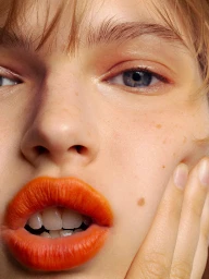 Close-up beauty portrait of a young woman with vibrant orange lipstick and freckles, hand gently touching her cheek.