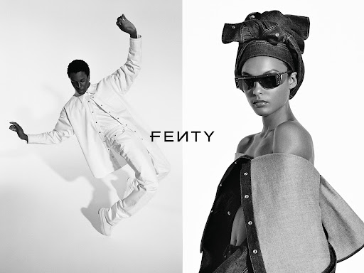 Black and white split fashion image showing a jumping man in white clothes and a woman wearing sunglasses and a denim headwrap with Fenty logo.