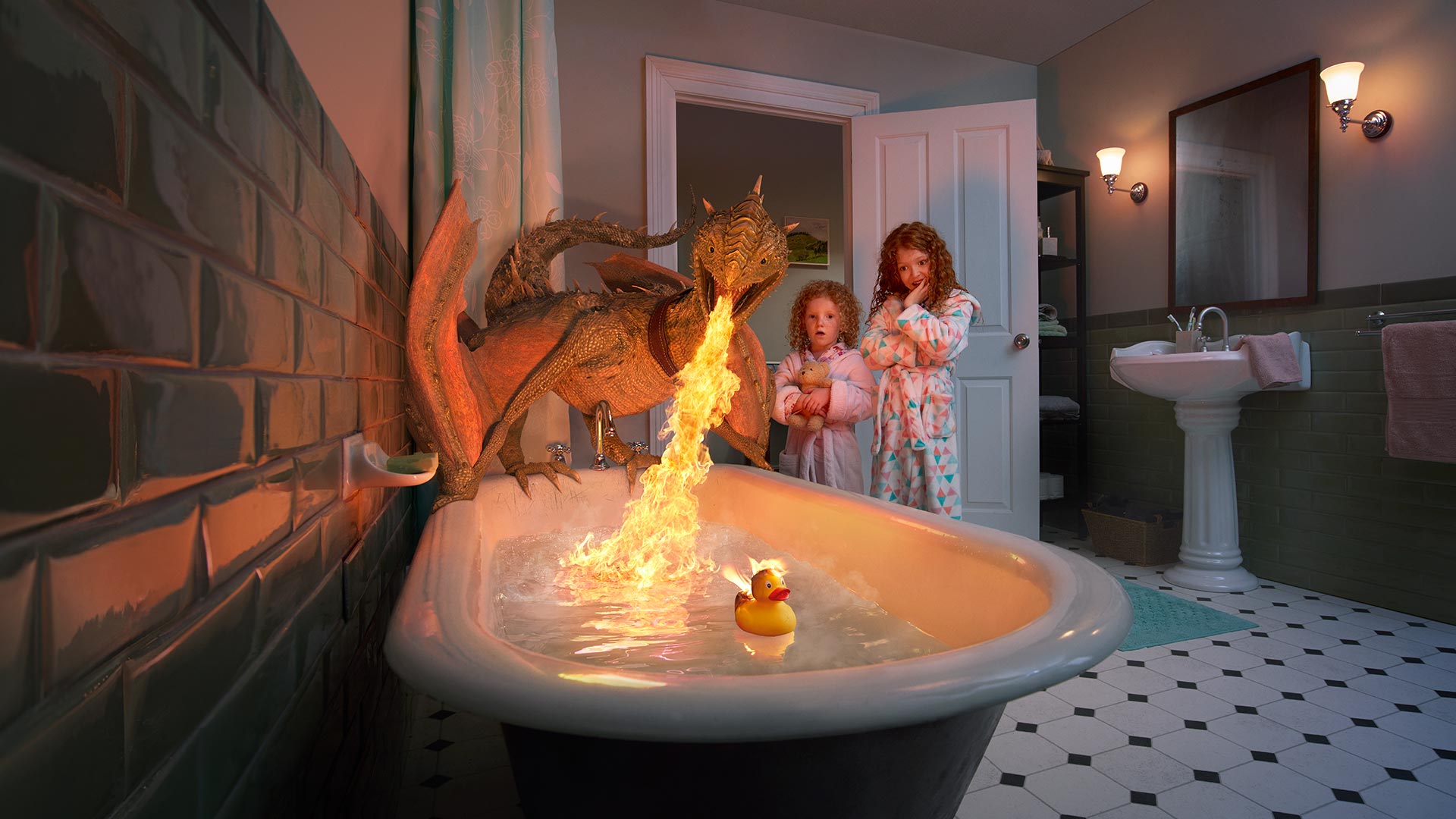 Fantasy scene featuring two young girls watching a dragon breathe fire into a bathtub with a rubber duck; tiled bathroom setting.