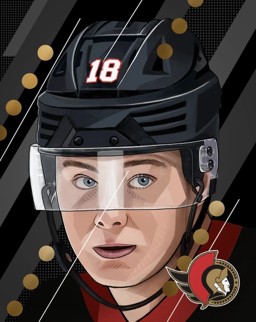 Illustration of a hockey player wearing a helmet with the number 18, against a geometric, black and white backdrop.