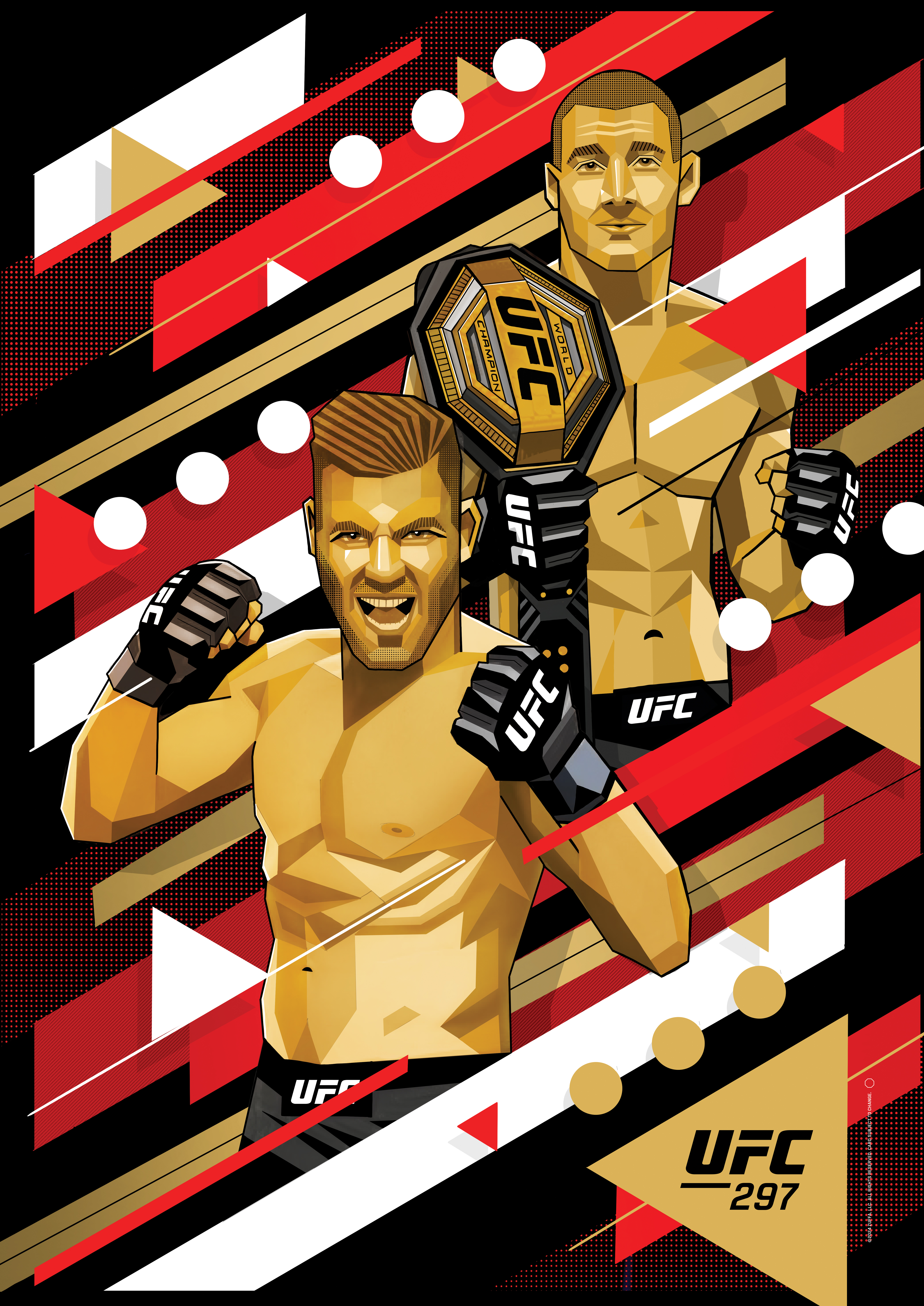 Illustration of two UFC fighters with a championship belt, set against a background of geometric shapes in red, gold, white, and black.
