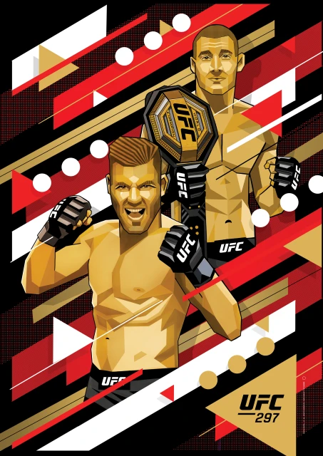 Illustration of two UFC fighters with a championship belt, set against a background of geometric shapes in red, gold, white, and black.