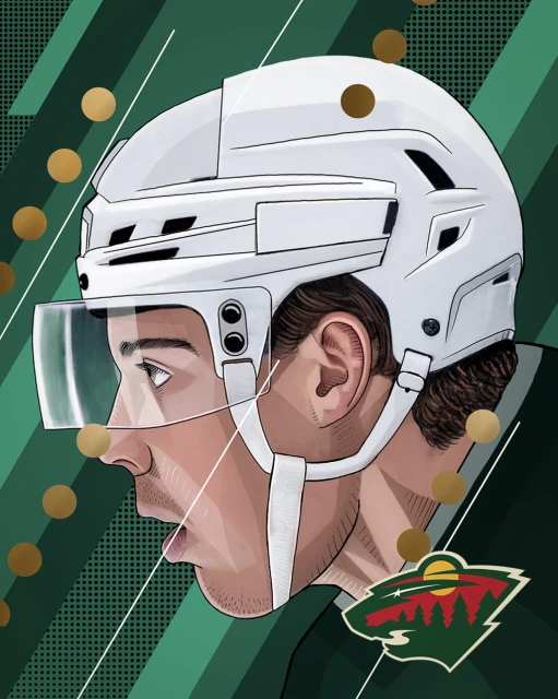Illustration of a hockey player wearing a helmet with a visor, set against a green background with geometric patterns and gold accents.