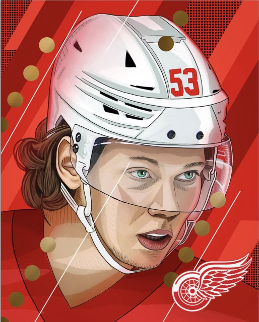 Illustration of an adult male hockey player wearing a helmet, with a red background, circles and stripes with a team logo.