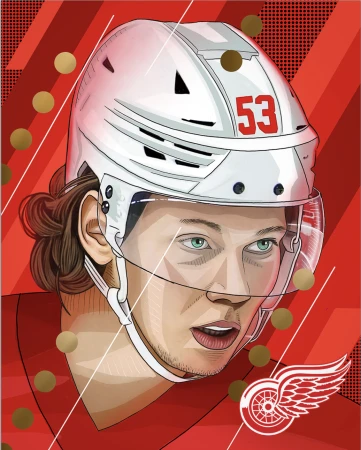 Illustration of an adult male hockey player wearing a helmet, with a red background, circles and stripes with a team logo.