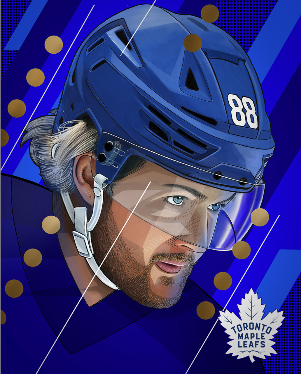 Digital illustration of an adult male hockey player in full gear, featuring a blue and white Toronto Maple Leafs logo on the chest.